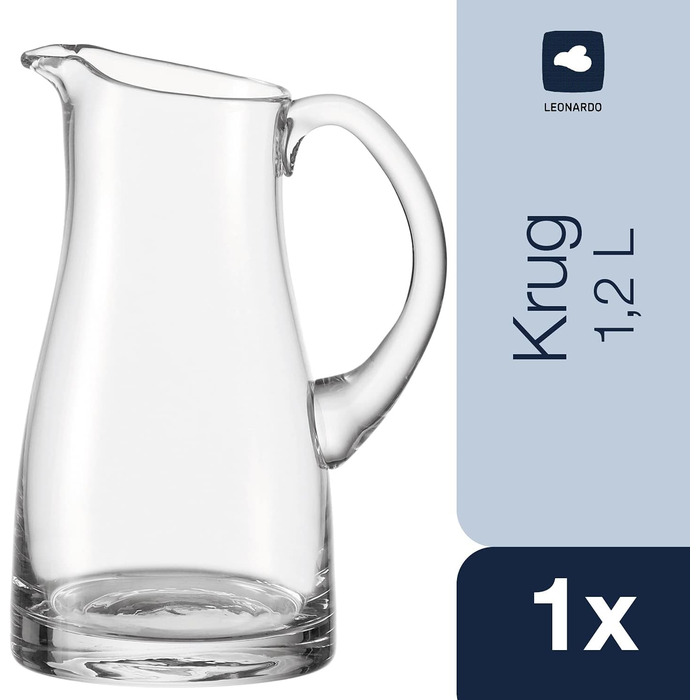 Leonardo Liquid Krug, handcrafted glass pitcher, water carafe with handle in a classic design, 1300 ml, 065329