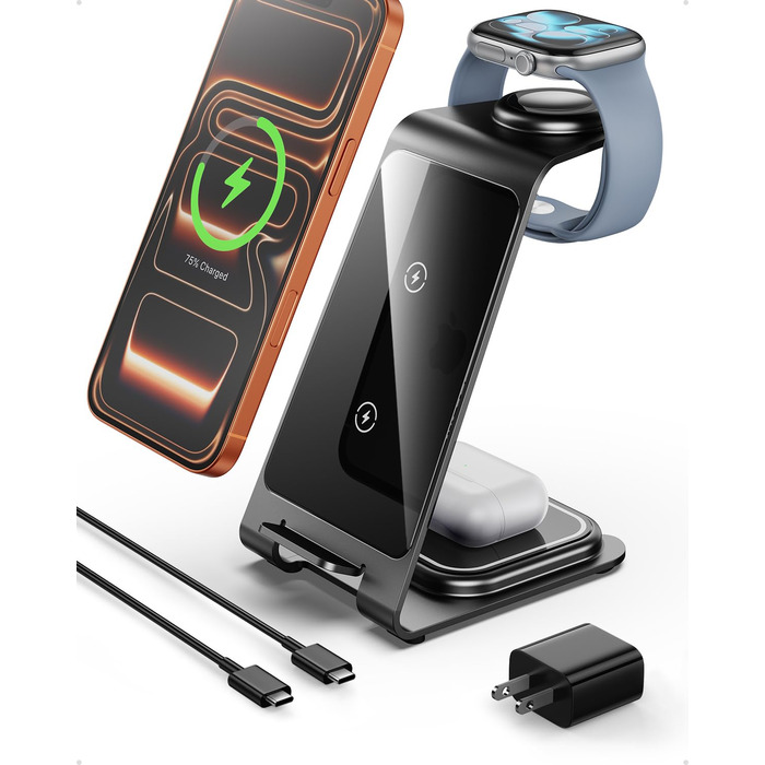 Бездротова зарядка Induktive з підтримкою MagSafe для iPhone 16 Pro/16/16 Pro Max/15 Pro/15/15 Pro Max, Apple Watch 10/Ultra 2/SE/9/8/7/6/5/4/3/2 та AirPods 4/3/2/Pro (сіра)