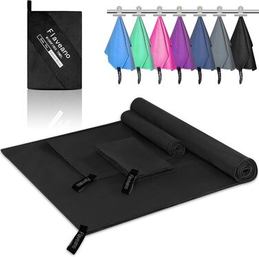 Набір рушників з мікрофібри (3 шт.): 180x90 см, 80x40 см, 50x30 см. Швидкосохнучі, для подорожей, спорту, пляжу. Чорний колір