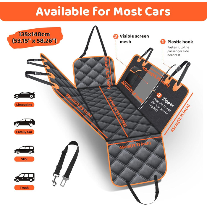 Автоматичний килимок для собак у машину, 135x148 см, чорний з вентиляційною сіткою, захист бокових панелей, вологостійкий