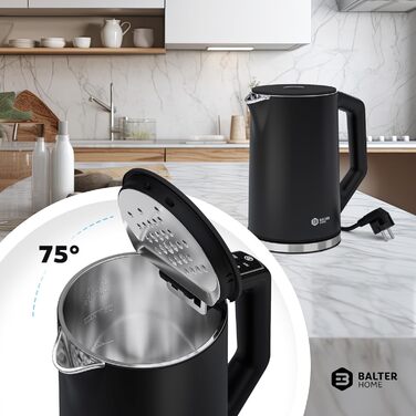 Balter Stainless Steel Electric Kettle with Temperature Control - 40°C to 100°C, Double Wall, BPA Free, 1.7L, 2200W, Quiet Kettle (D. Black)