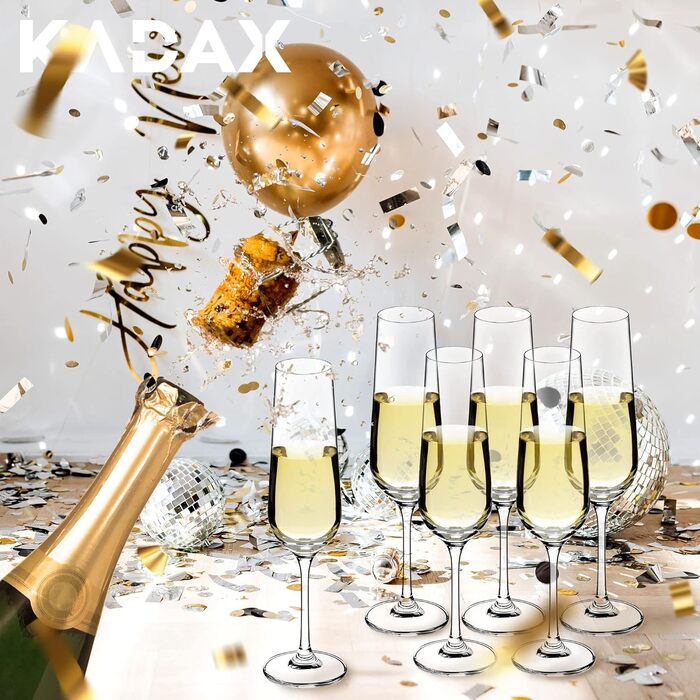 Набір келихів для шампанського KADAX (6 шт.) – 200 мл. Елегантні келихи-флейти для дому, вечірки, весілля. Високі та тонкі, для шампанського та просекко. Прозорі, сучасний кришталевий дизайн.