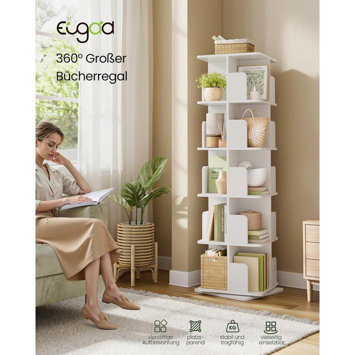 Обертова книжкова шафа EUGAD, 4 рівні, МДФ, 360°, стелаж-розділювач для кімнати, офісний декор, 39,5x128x39,5 см, білий