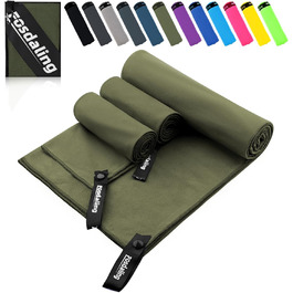 Набір з 3 рушників з мікрофібри (великий 160x80 см та 2 маленькі 80x40 см), швидковисихаючі рушники для фітнесу та спорту, для пляжу, ванни, спорту та подорожей (армійний зелений)