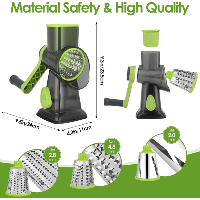 Ручна тертка для сиру та овочів Dreamhigh з ручкою, 3 змінні леза з нержавіючої сталі, для сиру, овочів, горіхів, моркви, ідеальна для огірків, білий (зелений)