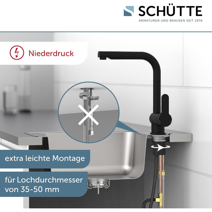 Кухонний змішувач SCHÜTTE LONDON з висувною лійкою, поворотний на 360 градусів, однорідний, чорний, 29,8 см (низький тиск)