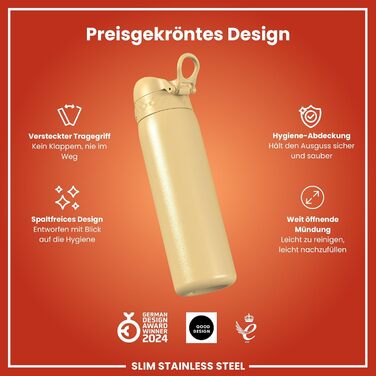 Ion8 Stainless Steel Water Bottle, 600 ml, Leak-Proof, One-Handed Opening, Secure Locking Mechanism, Dishwasher Safe, Flip-Top Lid, Carrying Handle, Easy to Clean, Durable & Scratch-Resistant (Stainless Steel, Desert)