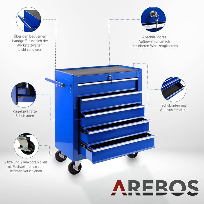 Майстерня на коліщатах Arebos з 5 ящиками, з центральним замком, кулькопідшипники, антиковзаючі килимки, 2 колеса з гальмом (Блакитний)