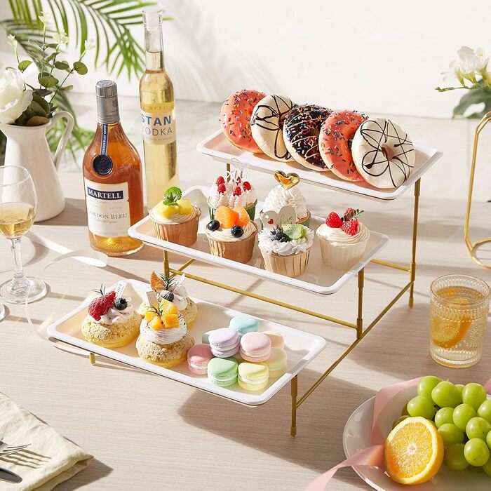 Lifewit 3-Tier Etagere with 30 x 17 cm Plastic Serving Plates, 3-Level Serving Tray/Serving Platter with Folding Gold Metal Shelf, Buffet Party Accessories for Vegetables/Fruit/Cookies/Cake