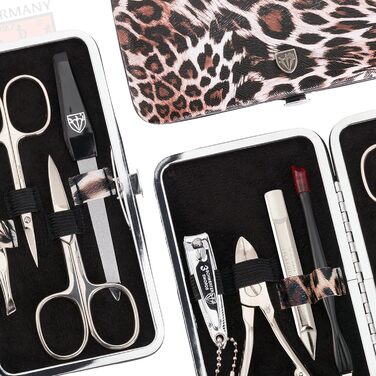 Набір для манікюру DREI SCHWERTER 'Sanremo' - Німецька якість | Преміум набір для манікюру в чорному еко-шкіряному етою | Містить: ножиці для нігтів, ножиці для кутикули, щипці для нігтів, пінцет, напільниковий баф з сапфіру та багато іншого!