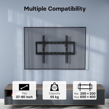 Кріплення для телевізора BONTEC для LED, LCD, OLED, Plasma телевізорів (37-80 дюймів), настінне кріплення, нахил, до 55 кг, VESA 600x400, рівень та стяжки