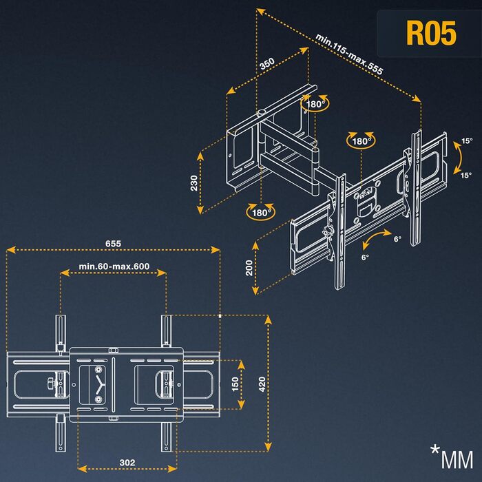 Кріплення для телевізора RICOO: універсальний поворотний кронштейн для телевізорів 40-75 дюймів (VESA 600x400, до 95 кг)