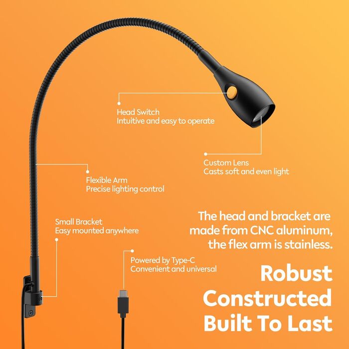 Світлодіодна настільна лампа Acegoo для читання з гнучким регульованим кронштейном (чорна) - 3000K, диммована, настінне кріплення, для спальні, книжок