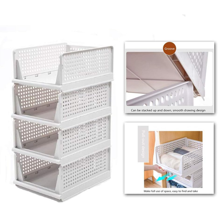 Ygapuzi 2 Pack Stackable Clothes Storage Basket Organizer Drawer Cabinet Shelf Divider Separator Desktop Container for Closet Cabinet Kitchen Bathroom Office (White - 2Pack) (White - 3pack)