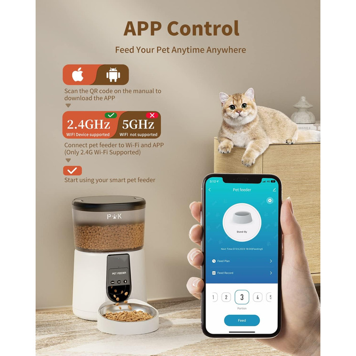Автоматичний годівниця для котів PUPPY KITTY з камерою 1080P, WiFi, відео, аудіо, нічне бачення, миска з нержавіючої сталі, 1-8 прийомів на день