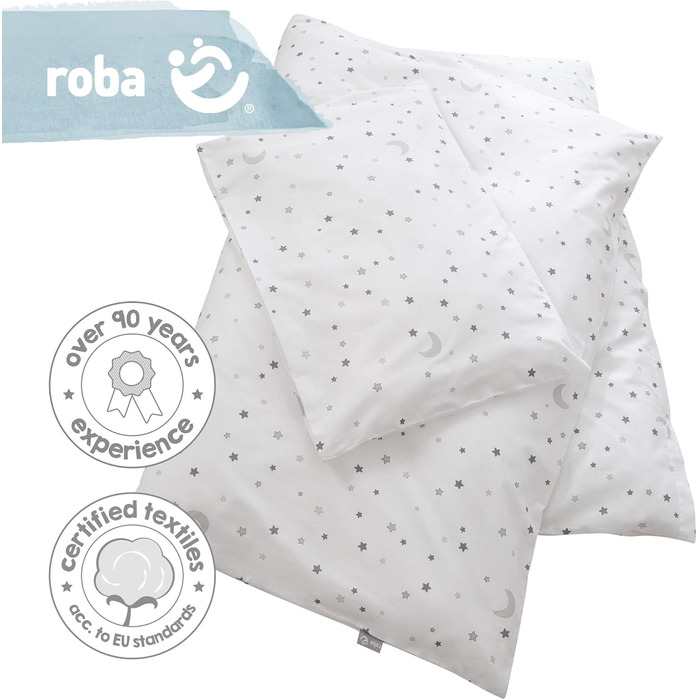 Комплект постільної білизни Roba для дитячого ліжечка 100 x 135 см - комплект постільної білизни для дівчаток та хлопчиків - ковдра та наволочка з бавовни для малюків та дітей - зірковий принт - білий (Сірий чарівний зірковий, 100x135 / 40x60 см)
