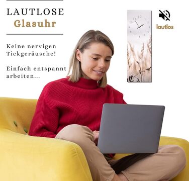 Скляний настінний годинник Calm Grasses 20x60 см безшумний, металеві стрілки, для вітальні та спальні, натуральний дизайн з рослинами, вироблено в ЄС