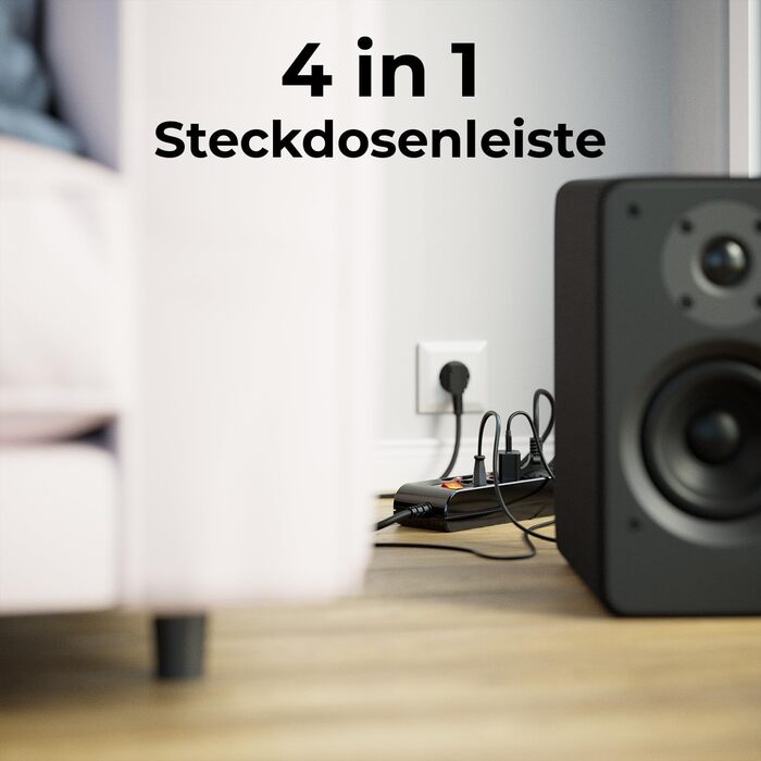 Мережевий фільтр DeleyCON з 4 розетками, індивідуальне вмикання/вимикання, 1.4м кабель, з захистом від дотику, чорний