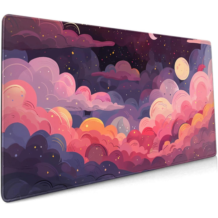 Килимок для миші Japanisches Mauspad, 90 x 40 см, у стилі аніме, дизайн мистецтва, великий ігровий килимок, клавіатура, підкладка під стіл, нековзна гумова основа, прошиті краї, для дому та офісу (XX-Large, Рожевий, Фіолетовий, Хмара)