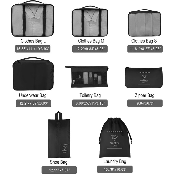 Органайзер для валізи - набір 8 шт. Packing Cubes для подорожей, система організації валізи, набір кубиків для пакування (Чорний)