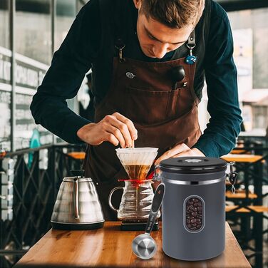 Контейнер для кави ROCKY&CHAO з нержавіючої сталі 1.8L, 600г, з прозорим вікном, для кавових зерен, чаю, горіхів, какао. Зберігає свіжість довше (1.5L-Сірий)