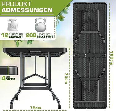 Зручний складаний садовий стіл Tillvex 180x75 см з ручкою для перенесення | Стіл для тераси, балкона, кемпінгу | Чорний