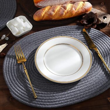Fanquare Oval Woven Placemats Set of 6 Dark Grey Cotton Rope Braided Placemats Heat Resistant Washable Non-Slip Table Mats for Kitchen Dining Table, Home Decoration 30x40cm