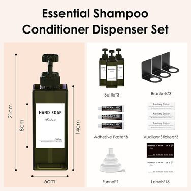 Дозатор мила настінний Anhow 3er PETG, набір 3 шт., зелений, 500 мл, без свердління, для кухні/ванної кімнати