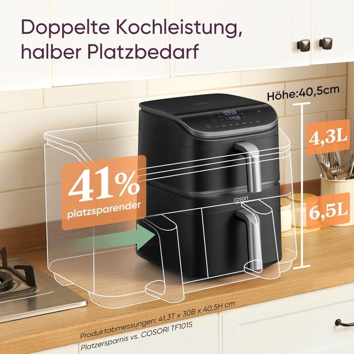 Фритюрниця без олії COSORI Turbo Tower Pro з керамічним покриттям, 2 камери, 10.8 л, DualBlaze, автоматичне регулювання повітряного потоку