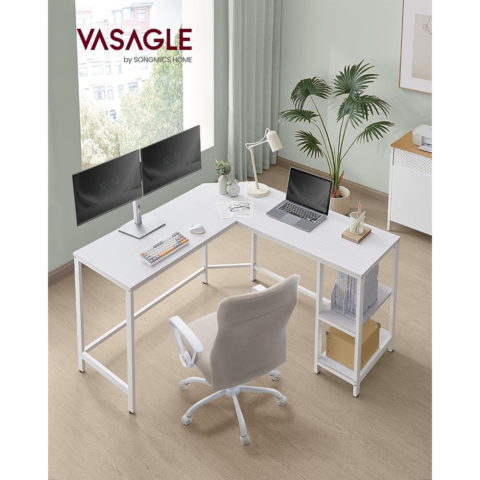 VASAGLE Desk, L-Shaped Computer Desk, 138 x 138 x 76 cm, Corner Desk with 2 Shelves, Space-Saving Office Desk, Gaming, Home Office, Easy Assembly, Maple White LWD072W44