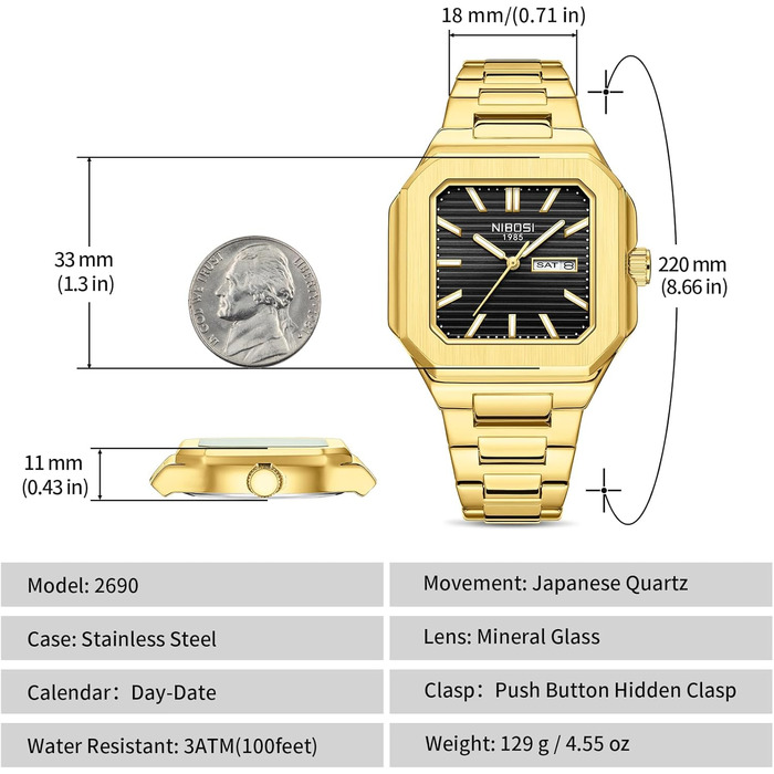 Годинник чоловічий NIBOSI: кварцовий годинник з нержавіючої сталі, мілітарі, квадратний, водонепроникний, бізнес-стиль, класичний, для чоловіків (золотий/чорний)