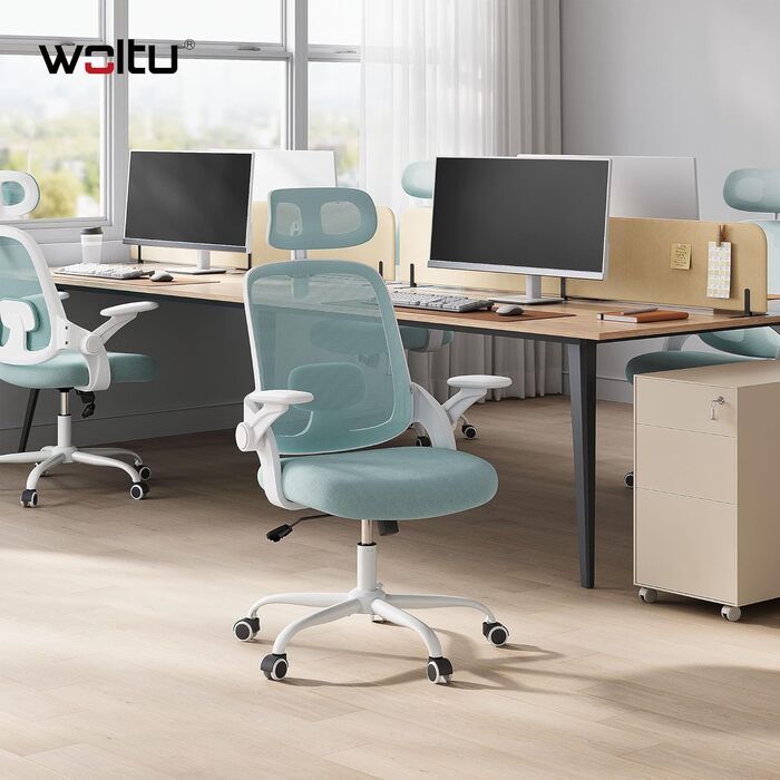 Крісло офісне WOLTU ергономічне з регульованою підголовником та підтримкою попереку, функцією гойдання, для офісу, витримує 150 кг (Блакитне)