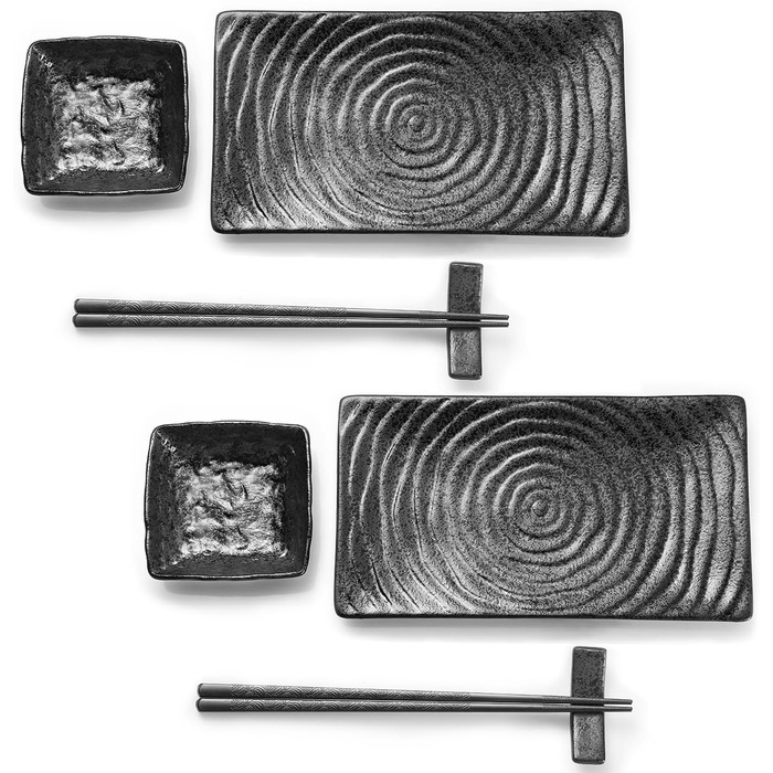 Набір посуду Юда Суші з кераміки, 8 предметів – японський посуд для 2 осіб (2 тарілки, соусники, палички та підставка) – високоякісна кераміка, підходить для мікрохвильової печі та мийки посуду – елегантний подарунок