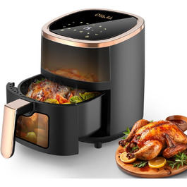 Фритюрниця повітряна 6L з 8 програмами, Rapid Air, сенсорний екран, вікно, 200°C, 1200W, для миття в посудомийній машині, без олії, гриль, випічка, запікання (Білий) (Чорний)