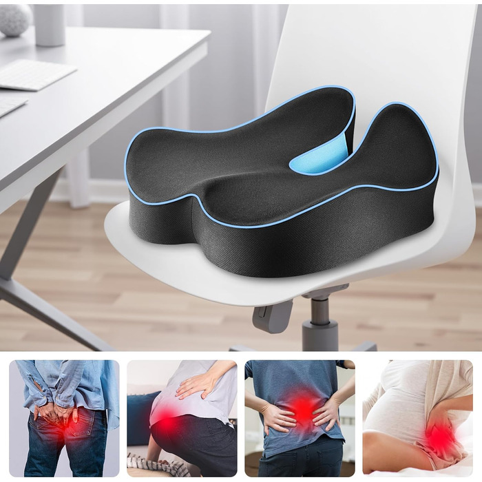 Подушка для сидіння POOTACK з memory foam - для офісного крісла, автосидіння та дому, м'яка підтримка спини, дихаючий чохол, блакитно-чорний