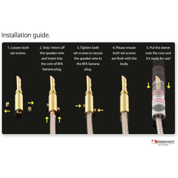 Позолочені бананові роз'єми Nakamichi 24K для акустичних кабелів 12-18 AWG, 4 мм, для підсилювачів, Hi-Fi ресиверів та домашніх кінотеатрів, 4 шт (2 пари)