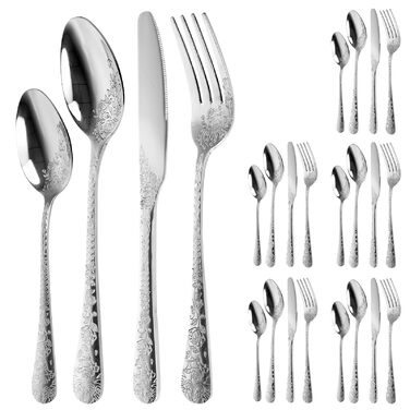 Набір столових приборів 24 предмети з нержавіючої сталі на 6 осіб з гравіюванням троянд. Ложки, виделки, ножі. Поліровані, для посудомийної машини. Сріблястий колір.