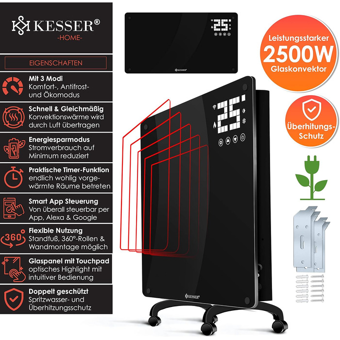 Електричний конвектор KESSER® з Wi-Fi, LCD-дисплеєм та пультом керування. Чорний, 2500 Вт. Можливість встановлення на стіну або на підлогу.