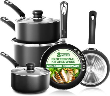Набір посуду KICHLY 8 предметів з антипригарним покриттям для індукційних плит: каструлі 16, 18, 20 см з кришками, сковороди 20, 28 см
