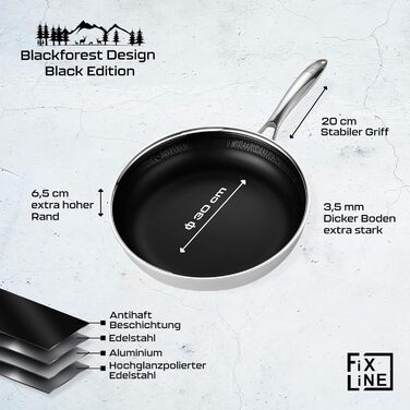 FIXLINE Black Forest Frying Pan 28cm - RED Design - Scratch-Resistant PTFE-Free Coating - Compatible with All Cooktops (including Induction) - Oven Safe up to 250°C - Easy Cleaning - Ideal Gift