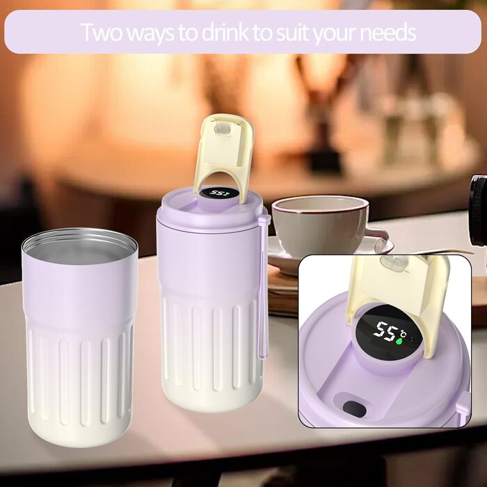 Термокружка для кави HomeAlexa з цифровим дисплеєм, 410 мл, нержавіюча сталь 316, ізольована, з кришкою, не протікає, для подорожей