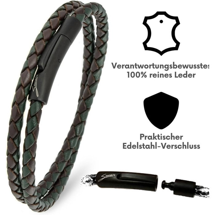 Преміум шкіряний браслет ручної роботи з Німеччини, унісекс. Обплетений шкіряний браслет з нержавіючої сталі, темно-зелений (S - до 16 см)
