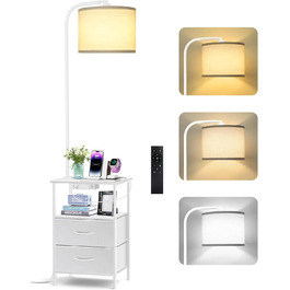 Стійка лампа для вітальні з поличкою та столиком, диммування LED, пульт керування, 3 колірні температури, приліжний столик з підзарядкою, дерев'яний столик для спальні/офісу (білий з шухлядами)