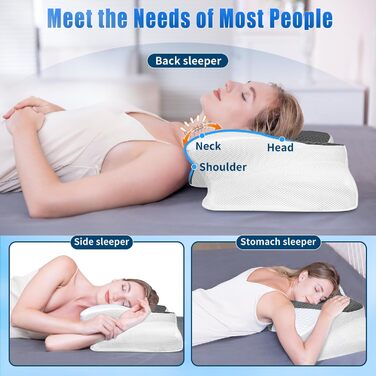 Подушка для шиї SAHEYER з Memory Foam, ортопедична, ергономічна, для тих, хто спить на боці, 60 x 35.5 x 10/13 см (Сіра)