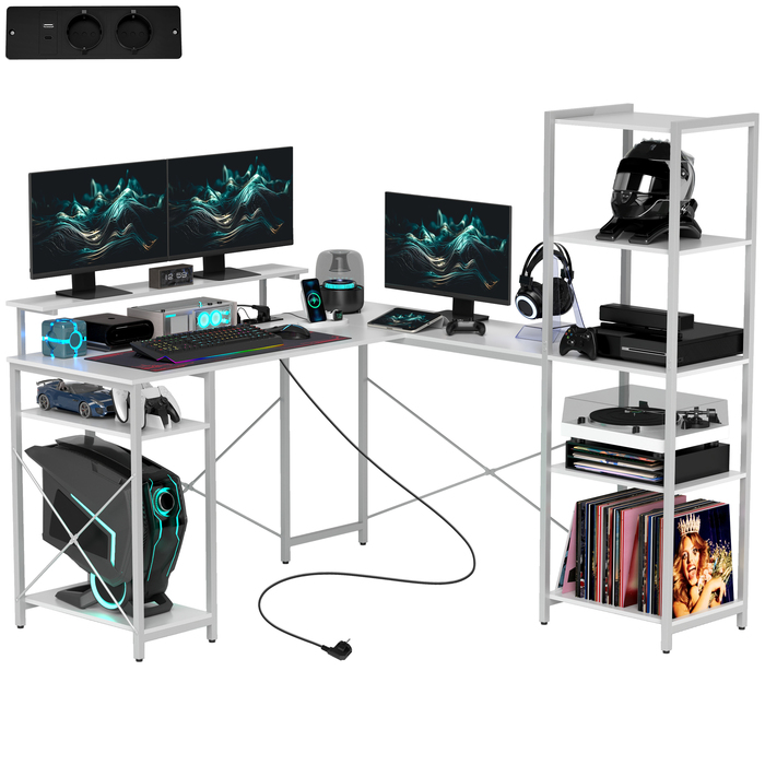 HOMCOM L-Shaped Gaming Desk with Shelf, Computer Desk with Monitor Stand, Power Outlet, USB Charging Port Corner Desk for Home Office, Bedroom, 137 x 140 x 139.5 cm White | Aosom