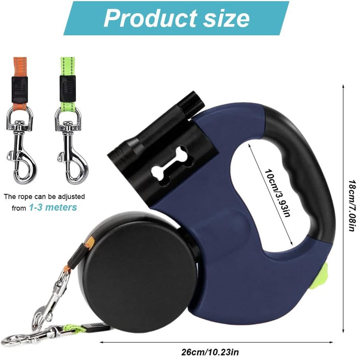 Рулетка для собак з подвійною лінією CRWEOM – для 2 собак, з LED-підсвічуванням, поворотним механізмом 360° та ергономічною ручкою (Блакитний)