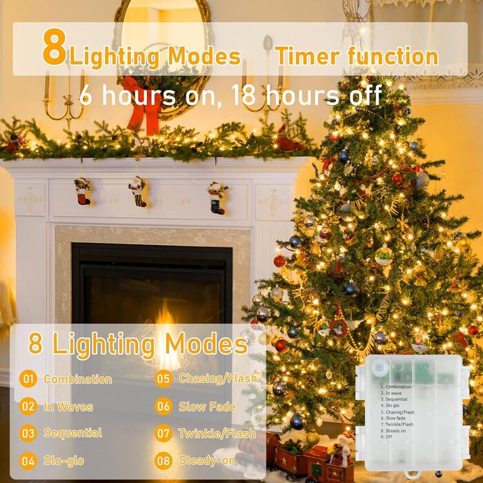 Ланцюжок прикрас для дому та саду, 30 метрів, 300 LED, тепле біле світло, з таймером, 8 режимів, вологостійкий, для декору кімнати, балкона, ялинки