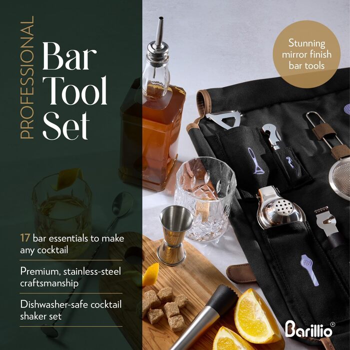 Набір бармена Barillio з золотим шейкером: 17 предметів, сумка для подорожей, вощена тканина - чорний/срібний