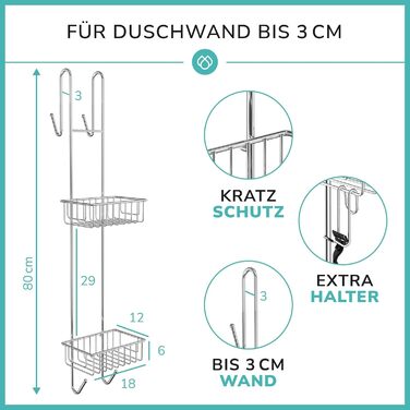 LAAKFELD Hanging Shower Shelf with 3-Layer Anti-Rust Protection incl. Free Razor Holder - 80cm Hanging Shower Shelf for Shower Walls up to 3cm - Hanging Shower Basket without Drilling - Hanging Shelf for Shower