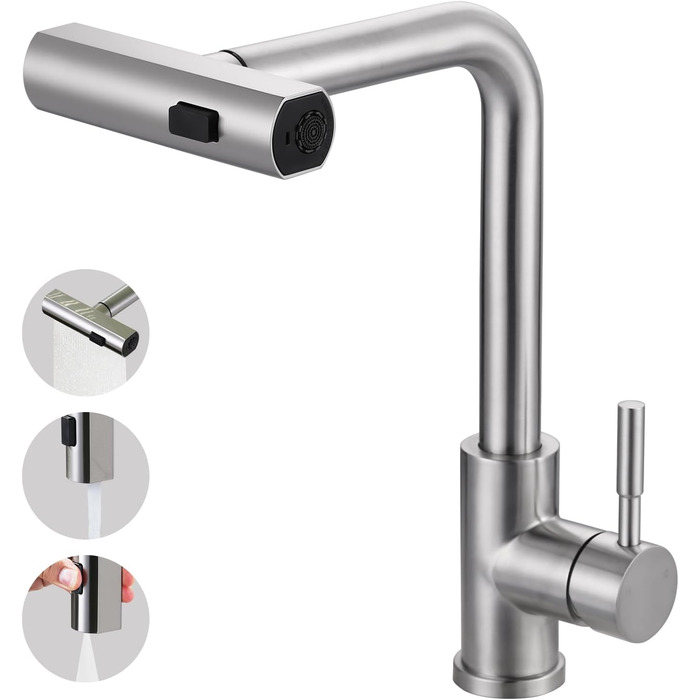 Кухонний змішувач iVIGA висувний з дозатором, водоспад, 360° поворот, 3 режими, щіткова нікель, T-подібний